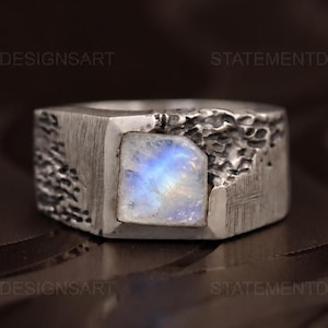 Raw Rainbow Moonstone Signet Ring 925 Sterling Silver Square Raw Gemstone Textured Men's