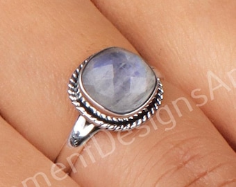Natural Rainbow Moonstone Ring Handmade 925 Sterling Silver Gemstone Ring