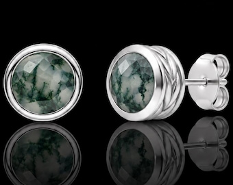Natural Moss Agate Push Back Stud Earrings, Green Gemstone, 925 Sterling Silver Birthstone Jewelry