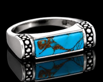Handmade Sterling Silver Turquoise Bar Ring, Rectangular Gemstone Statement Jewelry
