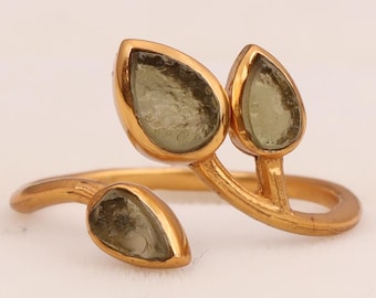 18K Gold Raw Moldavite Ring Sterling Silver Healing Crystal