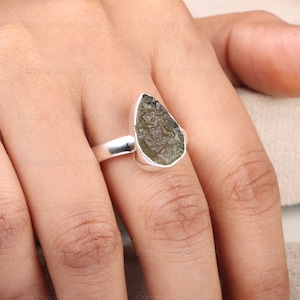 Raw Moldavite Ring Genuine Czech Gemstone, 925 Sterling Silver