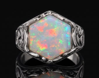 Hand Engraved Sterling Silver Ethiopian Opal Signet Ring for Men (Hexagon Fire Opal)