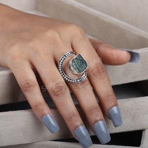 Raw Moldavite Statement Ring 925 Sterling Silver Gemstone Ring