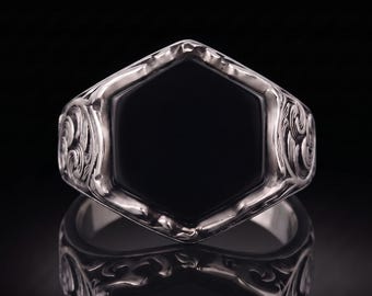 Handmade Sterling Silver Black Tourmaline Hexagon Signet Ring, Vintage Engraved Cocktail Ring for Men