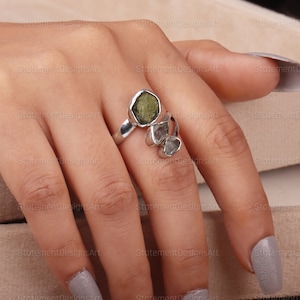 Handmade Moldavite & Herkimer Ring 925 Sterling Silver Jewelry