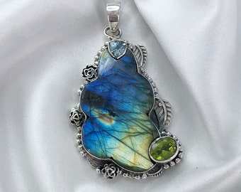 Natural Blue Topaz, Peridot And Blue Fire Labradorite Gemstone Handmade 925 Sterling Silver Pendant, Gift For mothers Day Gift, Gift For Her