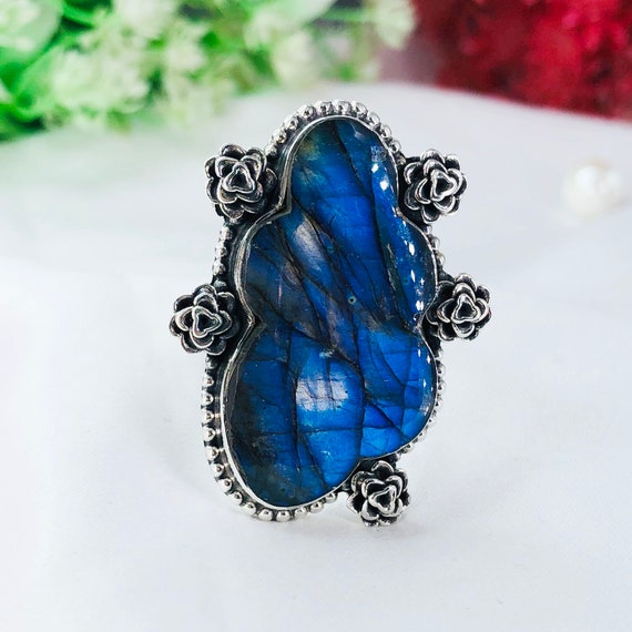 Natural Labradorite Blue Fire Gemstone Ring 925 Sterling Silver Handmade Boho Flower Oxidized Jewelry