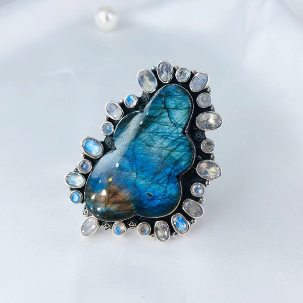 Anello con pietra preziosa labradorite naturale e pietra di luna arcobaleno, argento sterling 925, anello multipietra, anello di dichiarazione da donna, regalo di fidanzamento