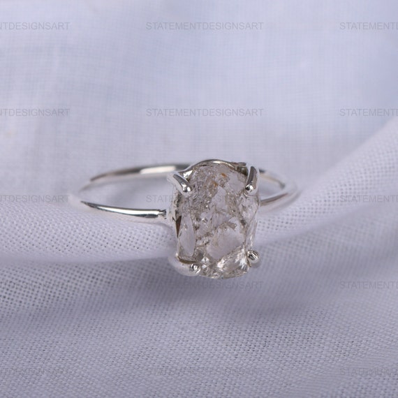 Raw Herkimer Diamond Gemstone Prong Ring, 925 Sterling Silver Handmade Solitaire Jewelry
