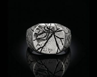 925 Sterling Silver Cracked Texture Signet Ring – Modern Gothic Statement Jewelry