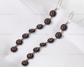 Orecchini pendenti con granato rosso, in argento sterling con design floreale, gioielli da donna fatti a mano, regalo per lei