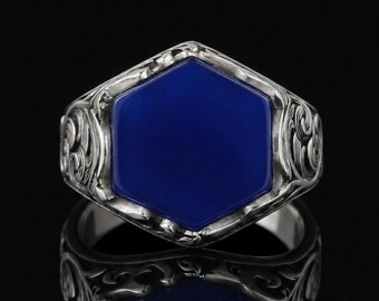 Handmade Blue Sapphire Sterling Silver Signet Ring for Men (Hexagon)