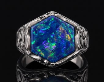 Hand Engraved Blue Fire Opal Sterling Silver Signet Ring for Men (Hexagon)