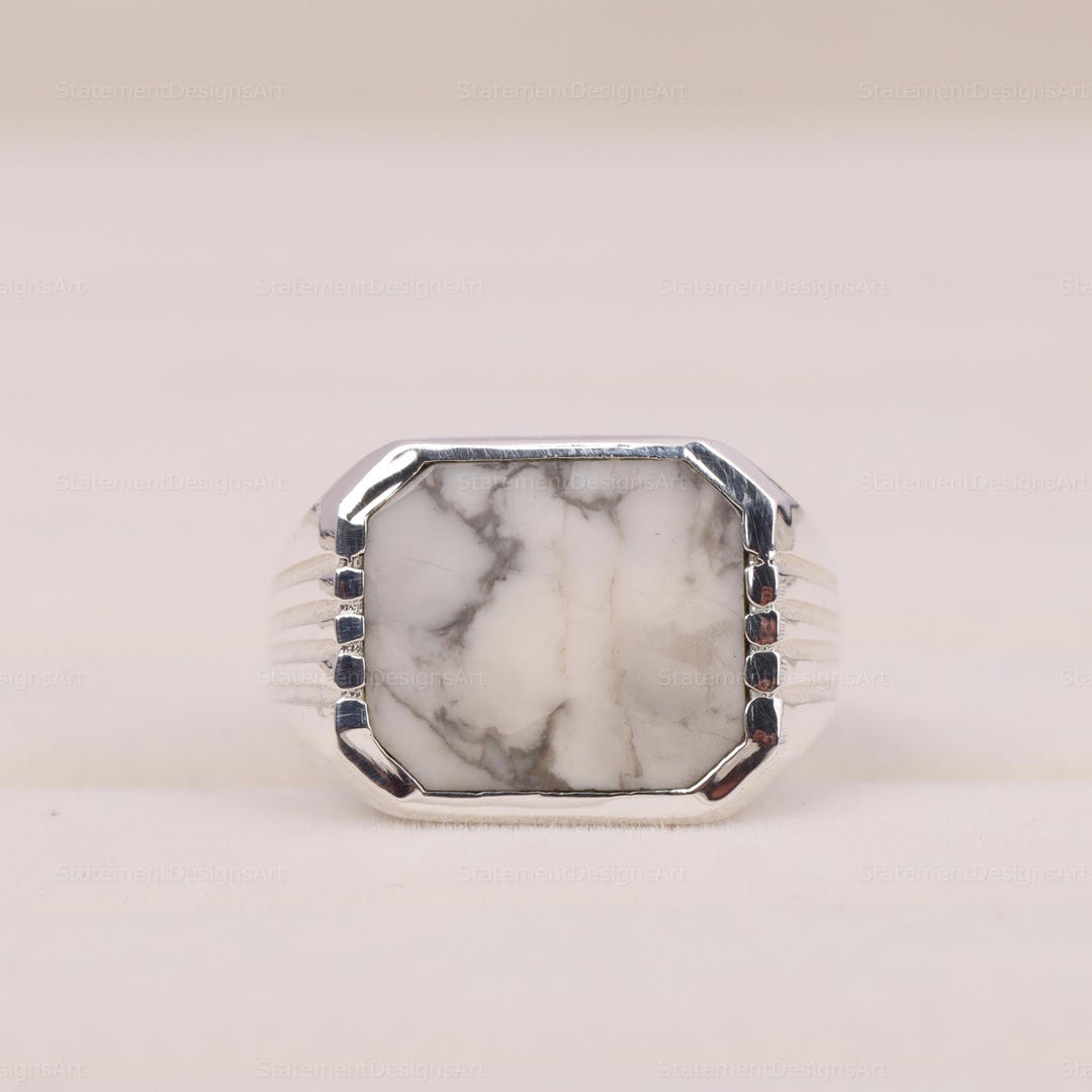 Men's Howlite Signet Ring Handmade 925 Sterling Silver White