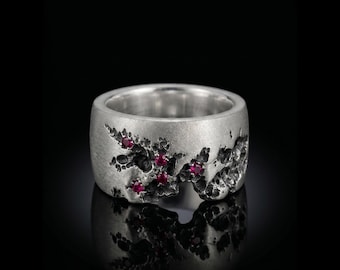 Organic Textured Pink Ruby Signet Ring, 925 Sterling Silver Wide Band Statement Ring
