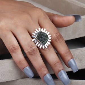 Raw Moldavite Ring 925 Sterling Silver, Green Stone