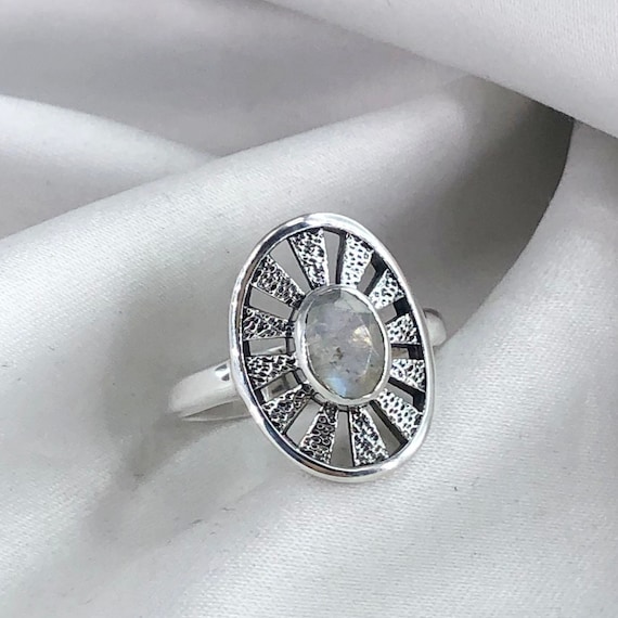 Rainbow Moonstone Blue Fire Gemstone Stackable Ring 925 Sterling Silver Boho Handmade Jewelry