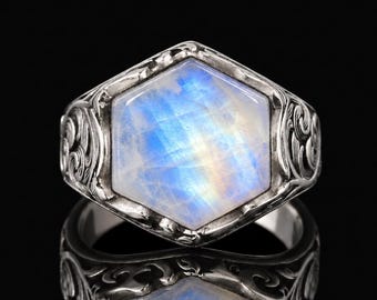 Hand Engraved Sterling Silver Rainbow Moonstone Hexagon Signet Ring, Cocktail Jewelry
