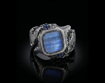 Natural Labradorite Statement Ring, Sterling Silver Blue Sapphire Accent, Mens Artisan Jewelry