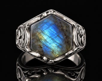 Hand Engraved Sterling Silver Hexagon Labradorite Signet Ring, Blue Fire Cocktail Jewelry