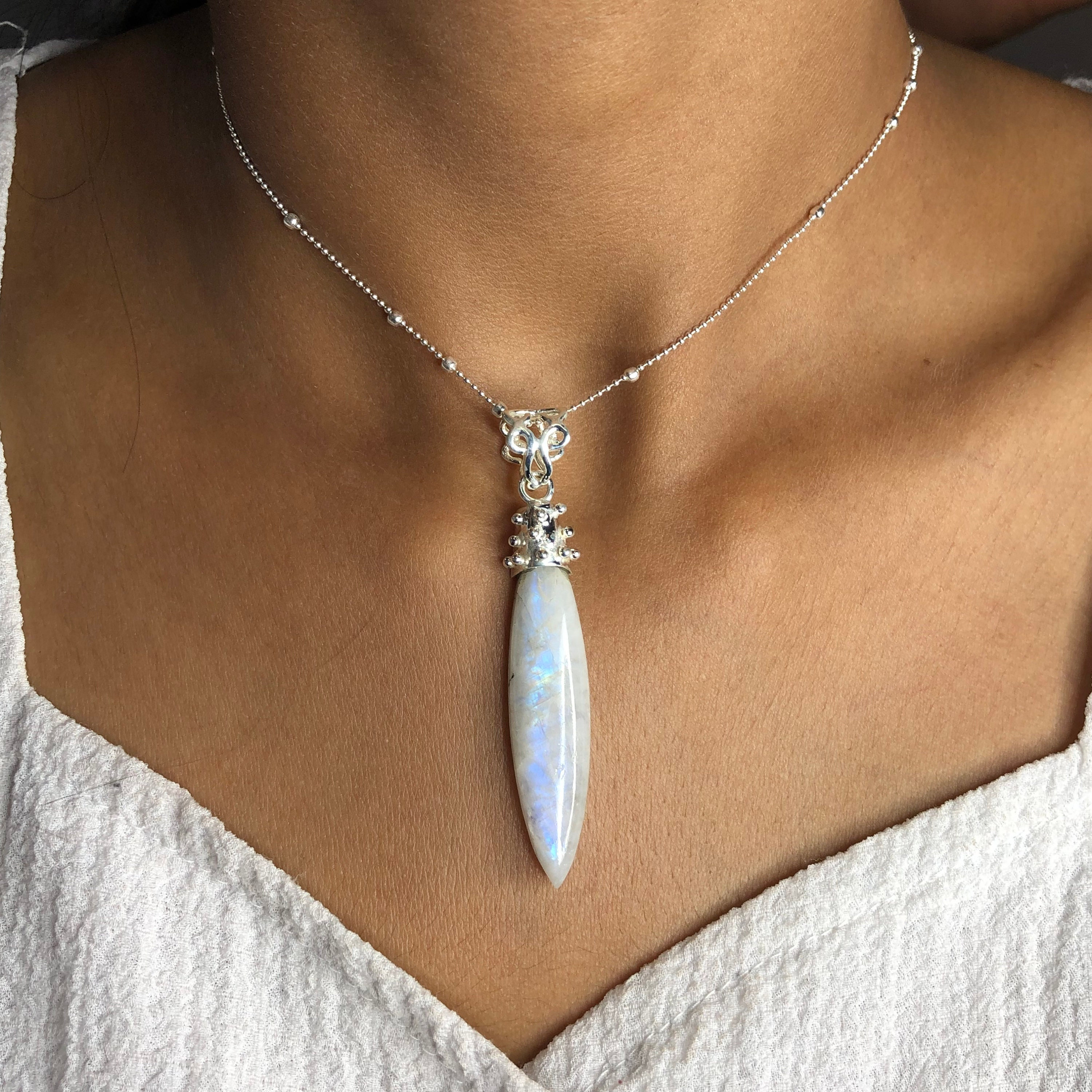 Collier En Argent Sterling 925 Avec Pierre De Lune Arc-en-ciel - Longueur 18 Pouces, Réglable - Fait Main