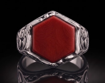 Red Coral Hexagon Sterling Silver Men's Signet Ring, Hand Engraved Cocktail Ring