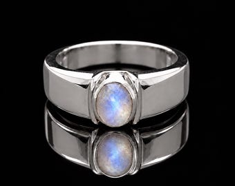 Natural Rainbow Moonstone Men's Signet Ring, 925 Sterling Silver Blue Fire Gemstone Statement Jewelry