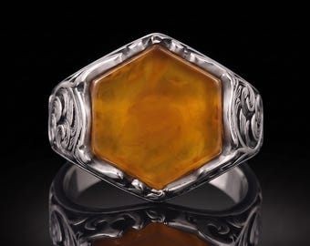 Handmade Yellow Jade Hexagon Ring, 925 Sterling Silver, Vintage Engraved Cocktail Ring