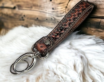 Tooled Leather & Gemstone Western Wristlet Keychain