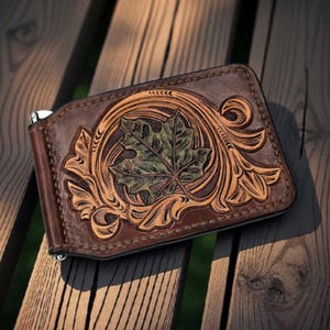 Tooled Leather Maple Leaf Bi-Fold Money Clip Wallet