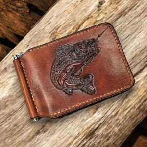 Tooled Leather Minimalist Bi-Fold Money Clip Wallet