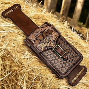 Tooled Leather Card Suits Western Saddle Rear Cinch Cellphone Holder / Billet Bag
