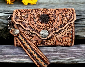 Geprägtes Sonnenblumen-Armband-Clutch/Geldbörse aus Leder