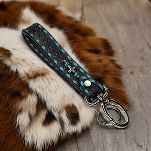 Tooled Leather & Bead Accent Western Wristlet Keychain
