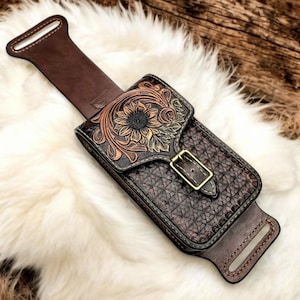Tooled Leather Sunflower Western Saddle Rear Cinch Phone Holder / Billet Bag