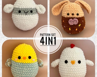 Pattern bundle: bunny, parrot, sheep, chicken. Crochet squishy toys pattern set Amigurumi cute animals pattern Easter spring toys pattern