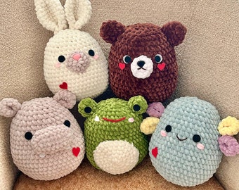 Crochet pattern bundle: bunny, frog, axolotl, bear, hippo Crochet squishmallow pattern Amigurumi plushies pattern Crochet animals pattern
