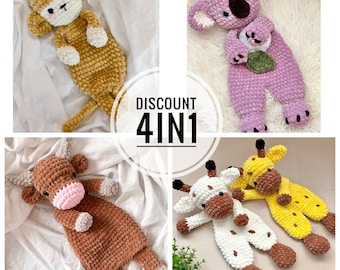 Set of 4 patterns: koala, giraffe, cow, monkey. Crochet pattern bundle Crochet snuggler pattern Crochet comforter Baby lovey pattern