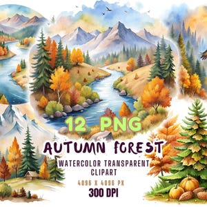 Autumn Forest Watercolor Clipart Bundle: Fall Leaves PNG Images (Digital Download