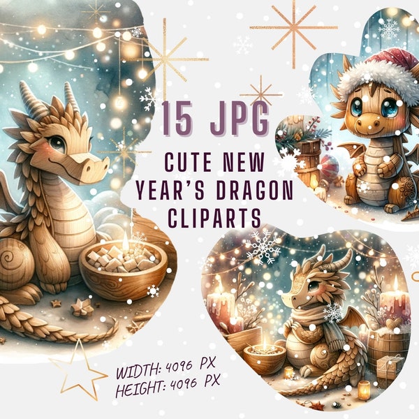 Cute Wooden New Year’s Dragon clipart, Cute Dragon Clipart, Watercolor cute dragon, Chinese Dragon Clipart, Chinese New Year wooden dragon