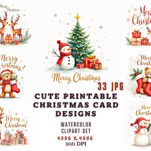 Lindo diseño de tarjeta navideña imprimible, lindo muñeco de nieve navideño, lindo osito de peluche navideño, lindo reno navideño, imágenes de sentimiento navideño