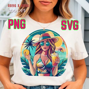 カクテルクリップアートを持つクールな女の子 SVG および PNG 夏のバイブスデザイン レトロな夏の Png ビーチシーン昇華ファイル 夏のシャツの Png 塩辛いまま