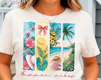 Watercolor Summer Vibes PNG: Retro Beach Design (Digital Download)