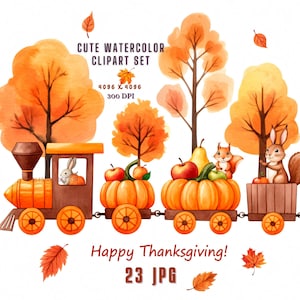 Clipart fofo de feliz dia de ação de graças, Ação de graças de outono, Feliz dia de ação de graças, Ação de graças em aquarela, Colheita de outono JPG, Cartão para impressão