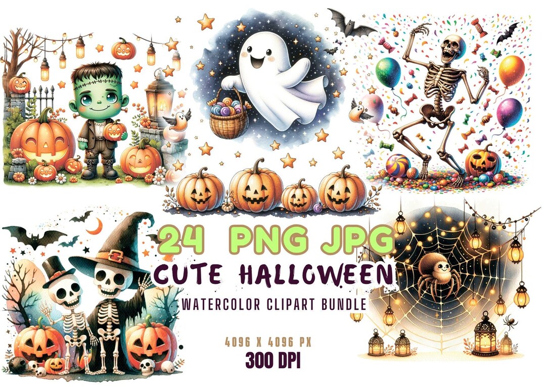Halloween Watercolor Clipart Bundle: Retro Spooky PNG Images for Kids ...