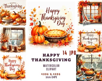 Könnte beinhalten: Ein Set mit 14 digitalen Aquarell-Clipart-Bildern mit Kürbissen, Kuchen und Herbstblättern mit dem Text "Happy Thanksgiving Day".