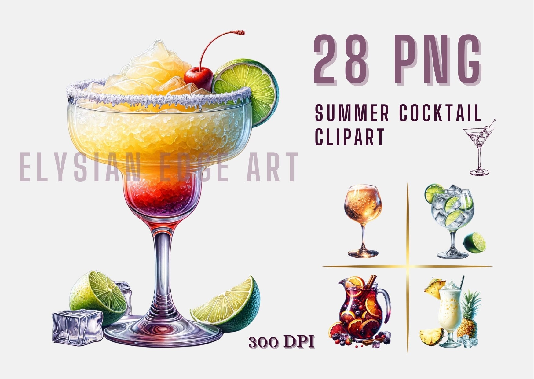 Summer Cocktail Clipart, Watercolor Tropical Summer Cocktail Drinks ...