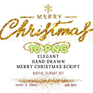 Merry Christmas Script PNG Bundle: Gold Festive Lettering (Digital Download, Commercial Use)