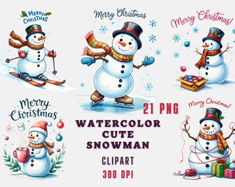 Watercolor Funny Snowman Clipart Bundle, Christmas png, Joyful Nursery, Junk Journal, Scrapbook clipart